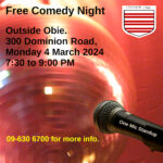 A microphone and a mirrorball. Caption: Free Comedy Night Outside Obie. 300 Dominion Road, Monday 4 March 2024 7:30 to 9:00 PM 09-630 6700 for more info.